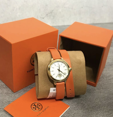 TORY BURCH Collins 金色框 白色面錶盤 橙色雙圈皮革錶帶 石英 女士手錶 TBW1302