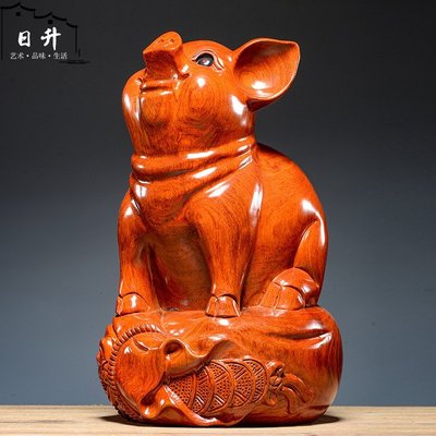 【熱賣下殺】黃花梨木雕豬擺件十二生肖豬實木雕刻家居客廳裝飾品紅木工藝禮品