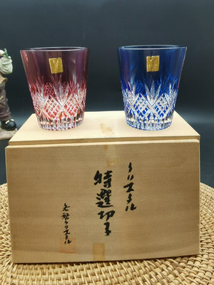 日本回流 Kagami江戶切子紅藍水晶杯 威士忌杯 全品未使