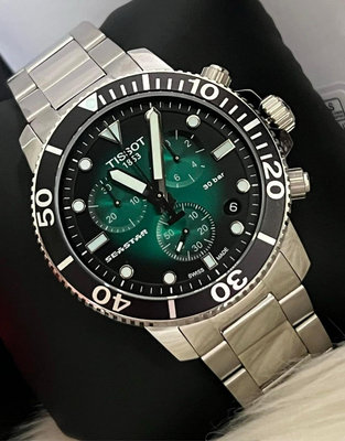 TISSOT Seastar1000 漸層綠色錶盤 銀色不鏽鋼錶帶 石英 三眼計時 男士手錶T1204171109101 天梭300米潛水錶