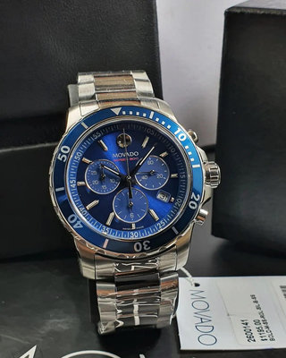 MOVADO Series 800 藍色面錶盤 銀色不鏽鋼錶帶 石英 三眼計時 男士手錶 2600141