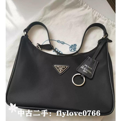 中古二手PRADA HOBO 黑色尼龍銀三角牌單把手提包腋下包麻將包 Re-Edition 2000 1NE515