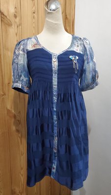 深藍色條紋緞面拼接花卉造型洋裝／長版上衣