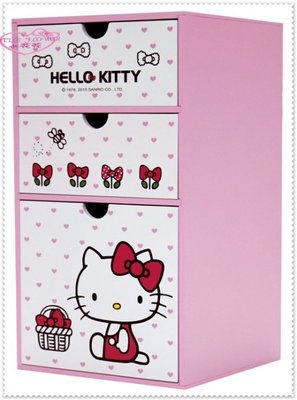 小花凱蒂日本精品♥ Hello Kitty 直式三抽置物盒 木製收納櫃 置物櫃 飾品收納盒 粉愛心提籃12022502