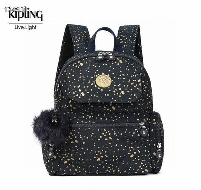 小Z代購#Kipling 猴子包 BP4047 深藍壓線質感金潑墨 拉鍊多夾層輕量雙肩後背包 兩側拉鍊袋 防水 中款