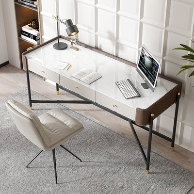 意式巖板馬鞍皮書桌北歐書房一字桌輕奢電腦桌現代寫字臺辦公桌椅橙子