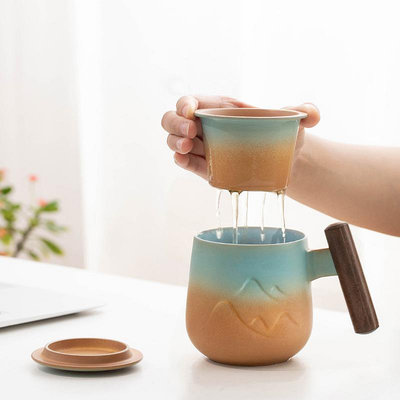 現貨 茶道 茶杯 山巒陶瓷泡茶杯茶水分離式辦公室過濾水杯陶瓷馬克杯帶蓋子茶具