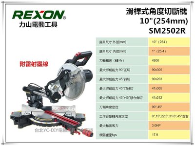 【台北益昌】台灣大廠 REXON 木(鋁)工角度切斷機 SM2502R 10" 滑桿式角度切斷機