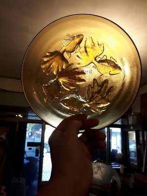 早期立體玻璃魚盤~2個