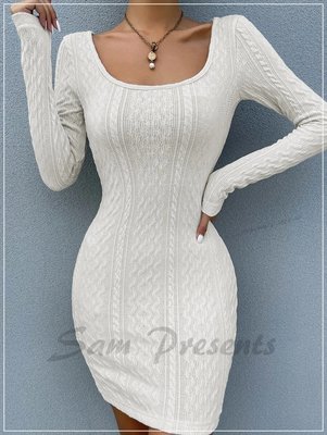 洋裝 米白色打底大圓領紋理質感緊身長袖 歐美流行時尚女裝連身裙連衣裙小禮服有中大尺碼H2893