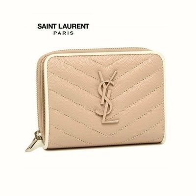 Saint Laurent Paris YSL ( 淡裸粉紅色×白色 ) 立體金屬LOGO 真皮壓紋短夾 皮夾 錢包｜100%全新正品