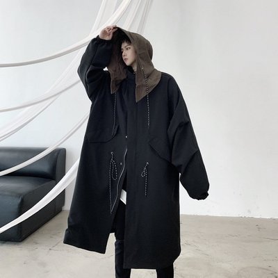 【H.BANDWAGON】寬寬大大的很好看/暗黑個性撞色抽繩設計寬鬆連帽風衣外套