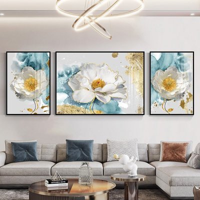 現貨熱銷-現代簡約客廳三聯畫植物花卉沙發背景墻壁畫富貴牡丹花裝飾畫掛畫