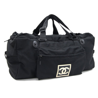 CHANEL VINTAGE 方標運動系列黑色尼龍帆布手提袋運動包旅行袋