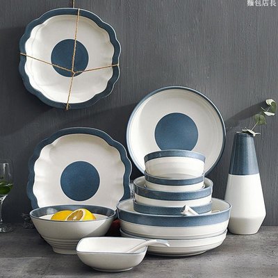 現貨餐具套裝 日式簡約碗碟套裝家用陶瓷歐式碗碟盤組合一套 碗筷套裝-麵包店長簡約