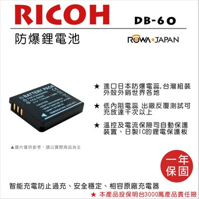 全新現貨@樂華 Ricoh DB-60 副廠電池 DB60 (S005) ROWA 原廠充電器可用 全新保固一年 禮光