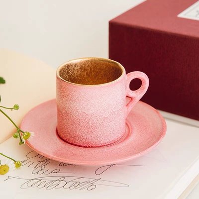 一丁目 日本進口有田燒陶悅窯金釉粉紅色紅茶杯咖啡杯子碟子