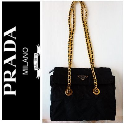 (售?)PRADA 菱格紋 金鍊 黑色 皮包鍊 尼龍肩背包 宴會包㊣新$899 1元起標 有LV(售勿標)