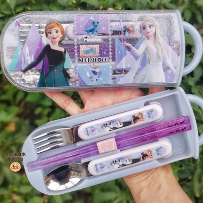 【熱賣精選】日本冰雪奇緣愛莎公主筷子勺子套裝兒童餐具收納盒三件套便攜叉子
