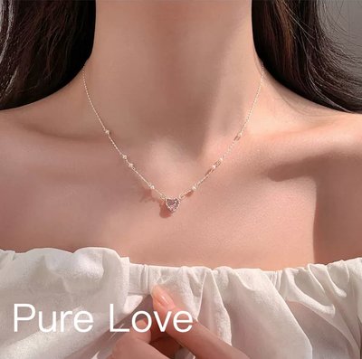 Pure Love樂芙 / 正韓 【N0611】韓系簡約S925純銀粉色愛心珍珠鎖骨鏈 短項鏈 / 銀