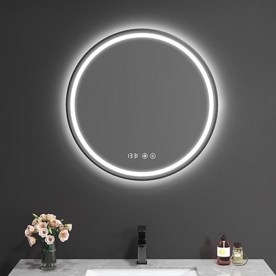 熱賣  衛生間鏡子LED鋁合金邊框圓形化妝鏡壁掛衛浴防霧智能浴室鏡帶燈