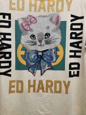 亞軒潮店 潮款現出Ed Hardy 2021新款印花燙鉆小貓夏季休閑寬松短袖女士中長款T恤