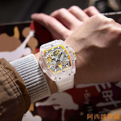 阿西雜貨鋪ONOLA時尚新款鏤空全自動機械手錶男士防水透明殼膠帶手錶男運動日常穿搭手錶流行