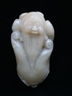 早期舊藏 和闐玉 老白玉 圓雕 《壽翁+佛手》把件 油潤細緻 掛件 【黛玉珍藏】 L0104