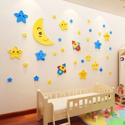 月亮星星3d立體壁貼兒童房裝飾貼畫天花板壁貼臥室床頭背景壓克力壁貼