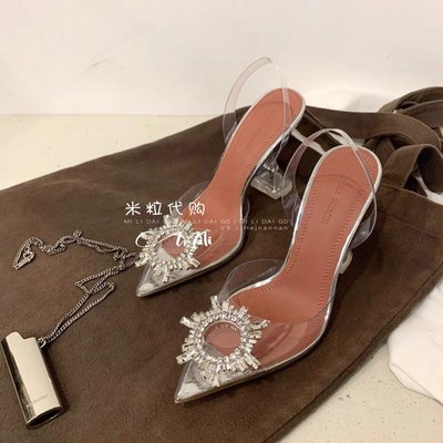 代購 Amina Muaddi太陽花水鉆扣透明高跟涼鞋尖頭單鞋女