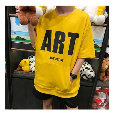 FINDSENSE MD 韓國 潮 男 時尚 大口袋 ART字母印花 後背系帶 短袖T恤 特色短T 學生T恤