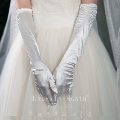 新娘白色長款珍珠手套婚紗禮服配飾手套演出拍照手套女簡約白色長