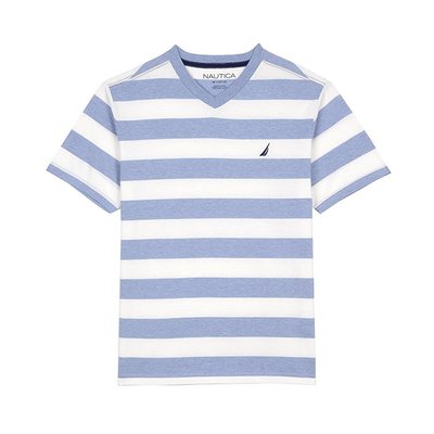 美國百分百【全新真品】Nautica T恤 V領 帆船牌 T-SHIRT 短袖 條紋 短T logo 藍白 I342
