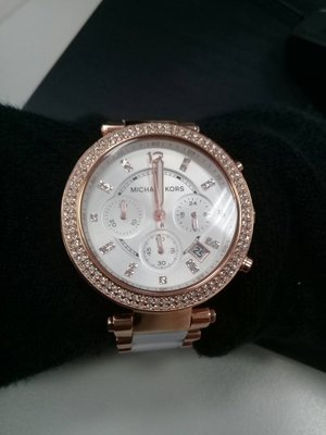 Michael Kors MK5774 華麗晶鑽時尚玻麗計時手錶-白X玫瑰金 三眼(741707
