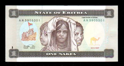 【低價外鈔】厄利垂亞 厄特利亞 1997年 1NAKFA 紙鈔一枚 女孩與教育場景 絕版少見~