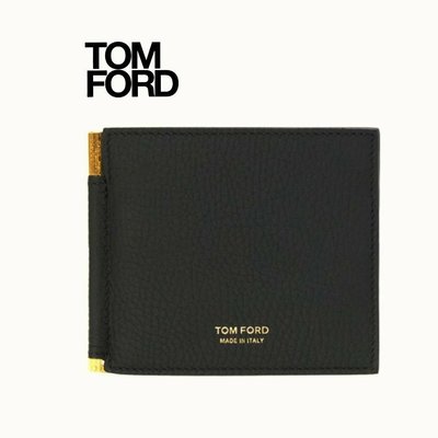 TOM FORD   (黑色×金屬金色) 真皮兩摺短夾 八卡式 皮夾 錢包 中性款｜100%全新正品