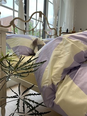 【熱賣下殺價】紫色條紋簡約床上四件套全棉純棉1.5m米被套床單三件套少女心