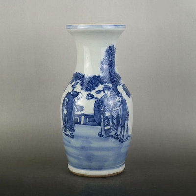 清中期青花人物故事花瓶瓷器舊貨古董古玩仿古家居中式擺件