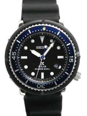 【金台鐘錶】SEIKO 精工錶 鮪魚罐頭 43mm 太陽能 200m 潛水錶 膠帶(黑面x藍框) STBR015