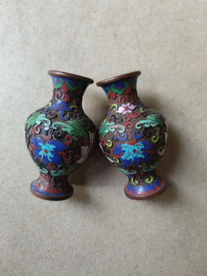 銅的一對花瓶 景泰藍掐絲琺瑯彩擺件金地實地純銅景泰