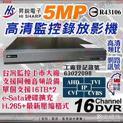 昇銳 16路 5MP DVR NVR 監視器 監控 1080P 台灣製造 HISHARP 主機 適 AHD TVI CVI IP CVBS 攝影機 鏡頭 懶人線