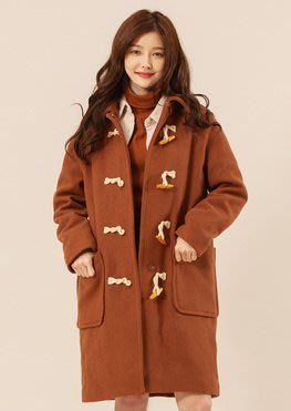 全新轉賣日貨KIKI 韓國SPAO 混羊毛人造絲牛角釦長版大衣 咖啡色L