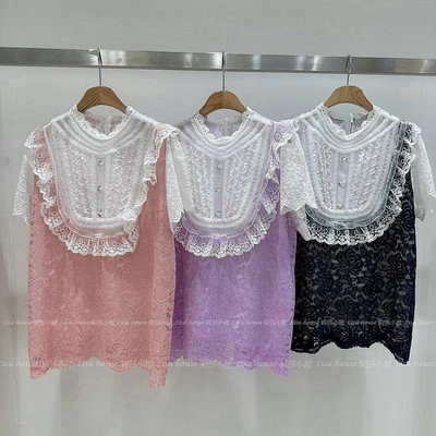 【莉莎小屋】💝正韓 Korea 春款新品(代購)✈拼接荷配色蕾絲衫 上衣 MS👚👖TS0528