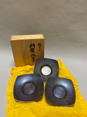 日本回流瓷器，玉川堂人間國寶銅茶托，方形杯托。尺寸直徑10.