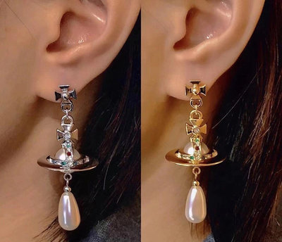 熱款直購#Vivienne Westwood 西太后新款土星水滴珍珠吊墜耳環 金色長款耳環 編號1572