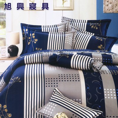 【旭興寢具】100%精梳棉 特大6x7尺 舖棉床罩鋪棉兩用被六件式組-6807藍