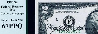 【熱賣精選】USA1995年版2元聯邦儲備券(庫印F 亞特蘭大) PCGS 67總司庫簽名票