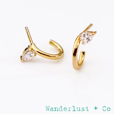 Wanderlust+Co 澳洲品牌 梨形水滴白鑽耳環 C型金色小圓耳環 Teardrop