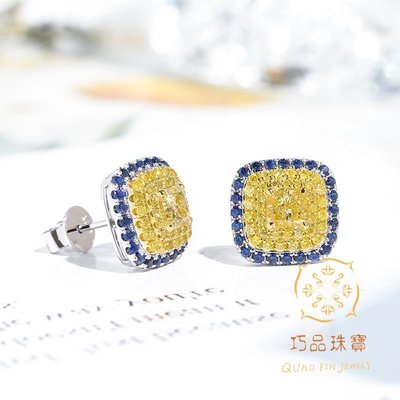 【巧品珠寶】18k金墊形黃鑽方型1克拉搭配群鑲藍寶石耳環耳釘
