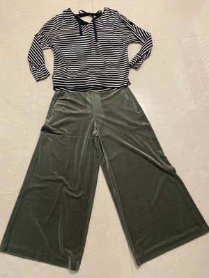 (二手近全新）日本專櫃品牌 組曲 黑色蕾絲條紋長袖上衣+墨綠色輕絨布長寬褲